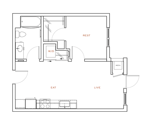 Floor plan for 1 bed, 1 bath, 542 sqft